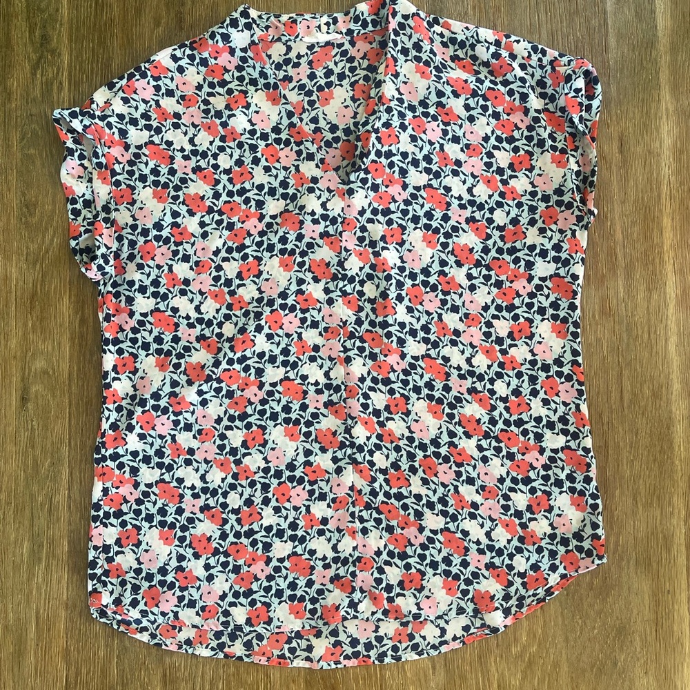 Floral Short Sleeve Blouse - Coral & Navy